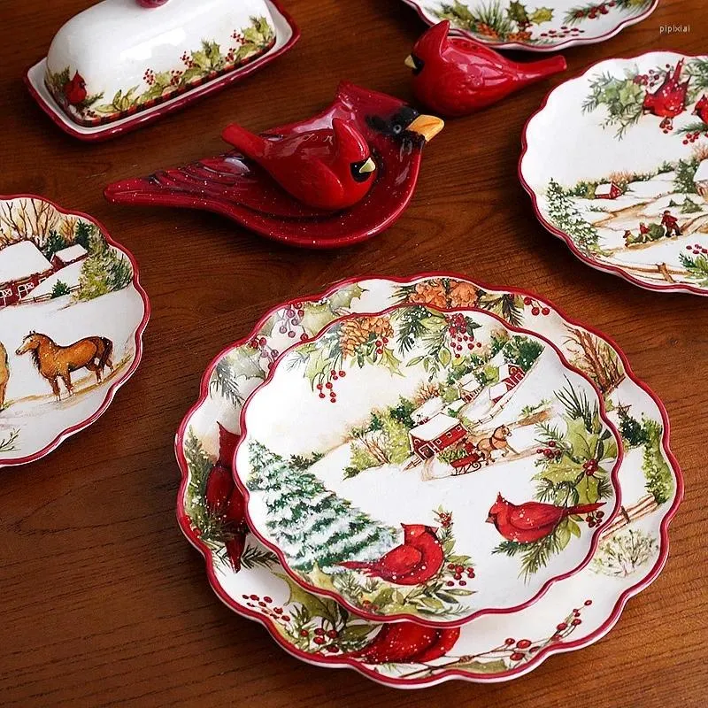 Plates European Style Redbird Christmas Cutlery Dinner Dishes Large Size Ceramic Plate Dinnerware Set Beauty Table Accessories