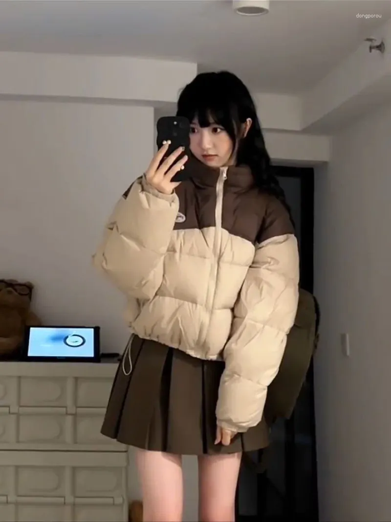 Casacos de Trench das Mulheres Y2K Parkas Mulheres Contraste Cor Stand Collar Outerwear Estilo Preppy Vintage Americano Cintura Alta Jaquetas Manga Longa