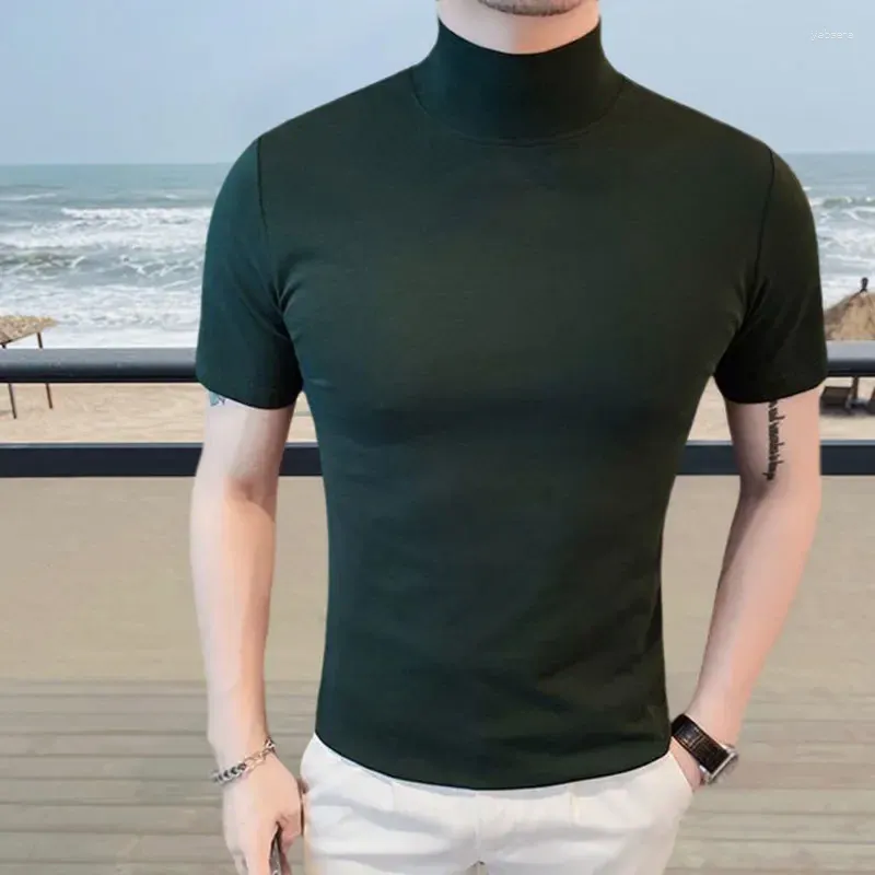 Men's T Shirts Simple Solid Color Semi-turtle Neck Shirt Men Summer Short Sleeve T-Shirts Slim Fit Tee Homme Multicolor