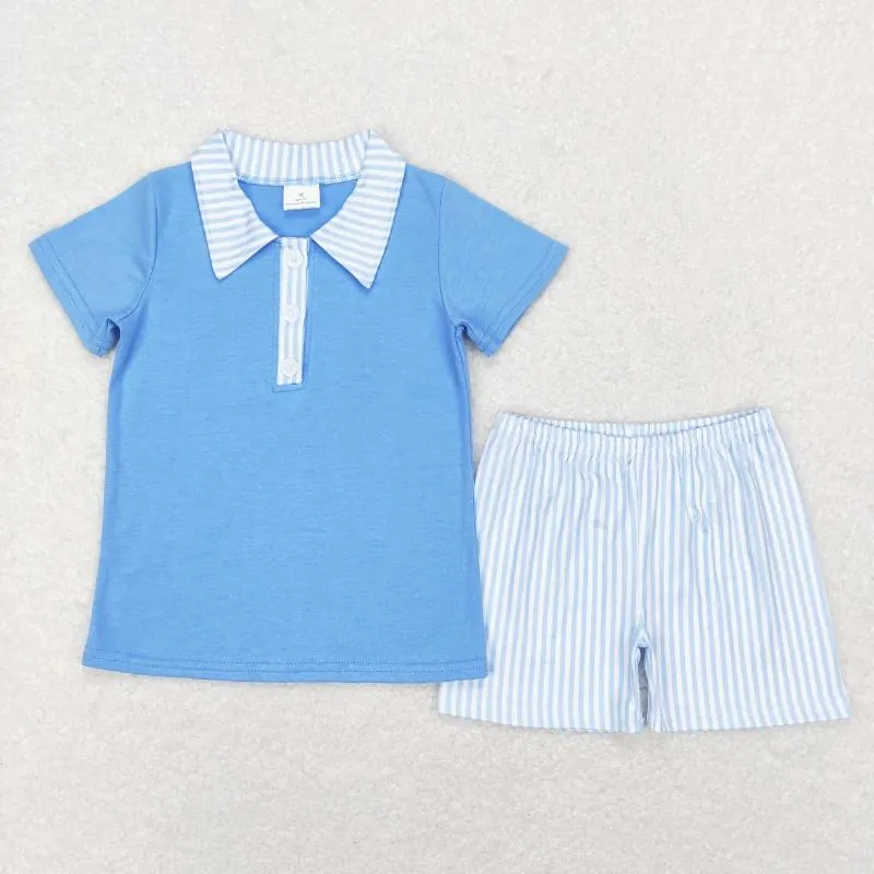 Set di abbigliamento Set di Pasqua per bambini all'ingrosso Set da bambino blu a maniche corte in cotone Polo a righe Pantaloncini per bambini Primavera Baby Boy Outfit