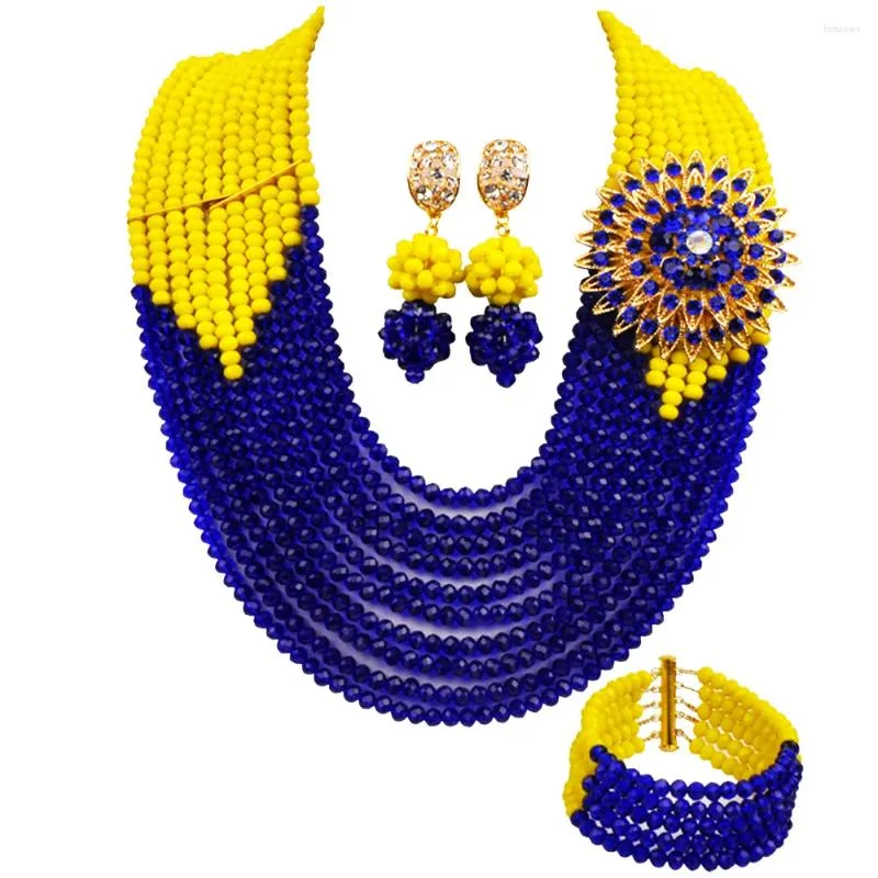 Halsband örhängen set aczuv 10 rader ogenomskinlig gul och kungblå afrikansk kristallpärlor brud