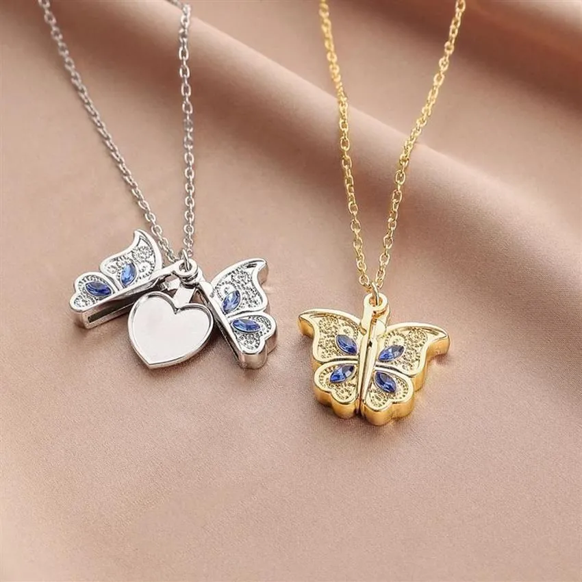 Pendanthalsband Karopel Picture Crystal Butterfly Öppnande PO Box Halsband Blue Wing Memorial Gift271i