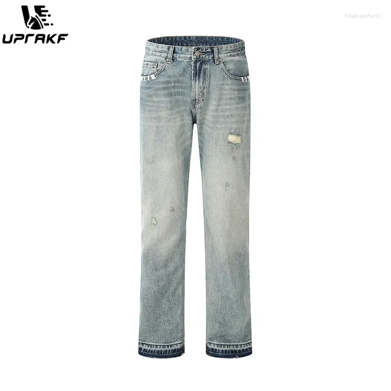 Men's Jeans UPRAKF Straight-leg Streetwear Ripped Basic High Street Light Color Casual Pocket Denim Loose Fashion