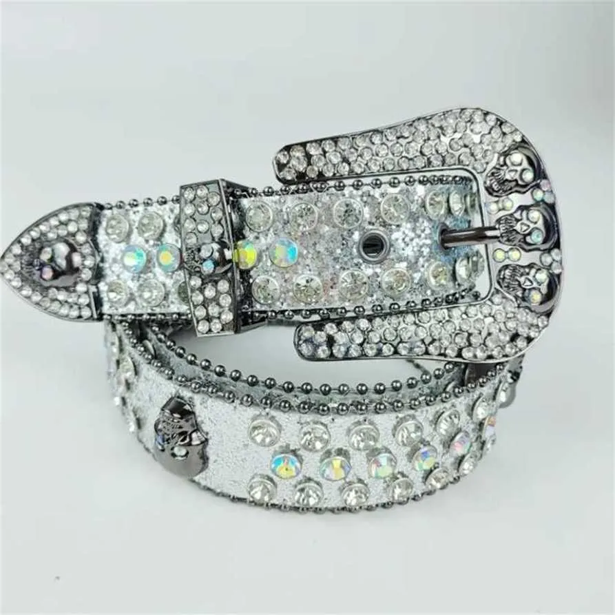 52% Designer New Male and Female Skull Skin with Straight Black Silver Diamond PU Belt