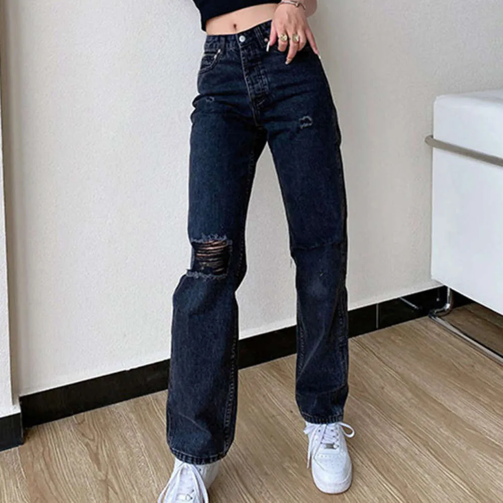 Svart jeans kvinnors sommar lös rippad midvist denim bredben byxor mode casual retro street 2023 dambyxor