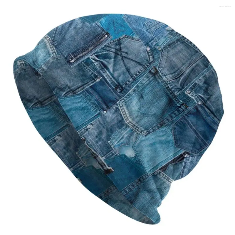 Berets Blau Denim Jeans Tasche Patchwork Motorhaube Hut Goth Street Skullies Beanies Hüte Männer Frauen Gestrickte Warme Thermische Elastische kappe