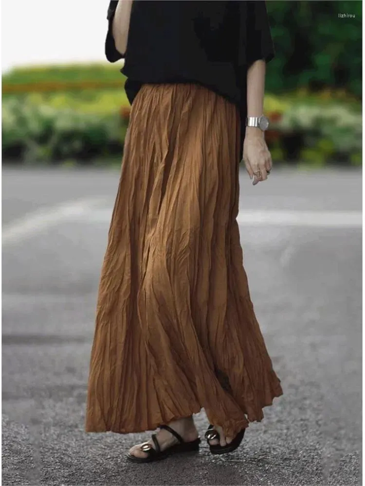 Skirts Ruched Long Skirt Women Autumn 2023 Fashion Korean Chic Pleated Maxi Elastic Waist Solid Cusual Loose Dance Faldas