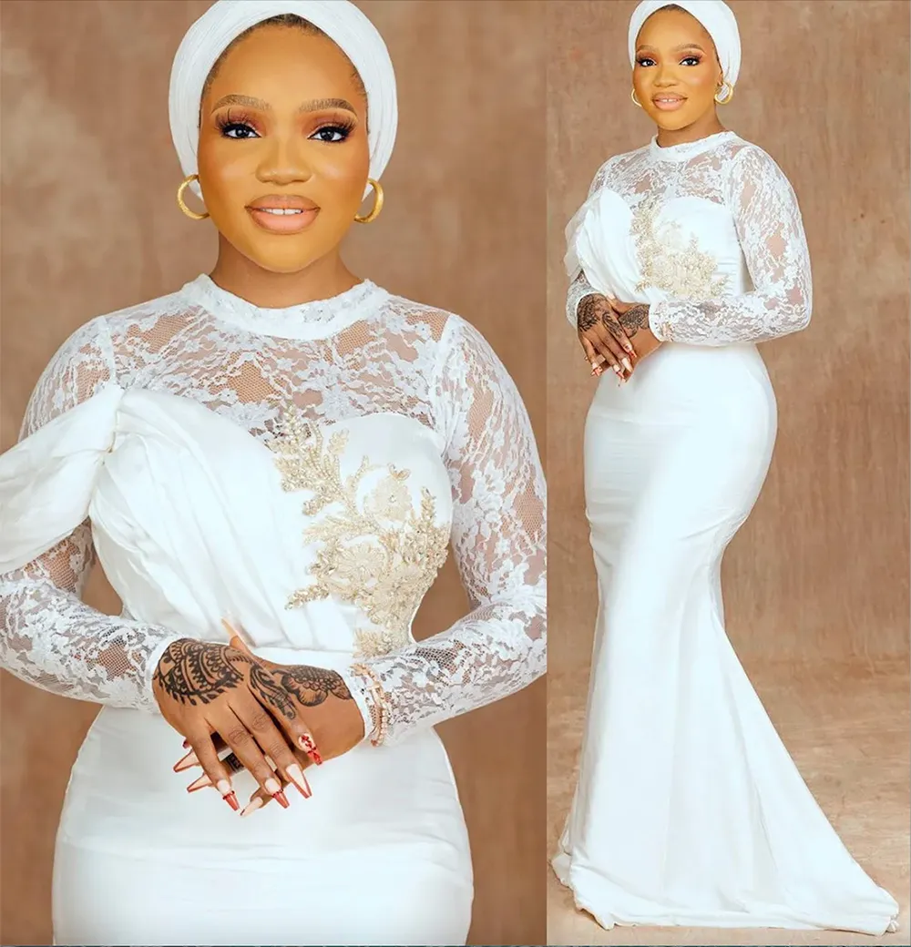 2024 Plus Size Arabisch Aso Ebi Meerjungfrau Spitze Sexy Hochzeitskleid Perlen Kristalle Satin Brautkleider Kleider