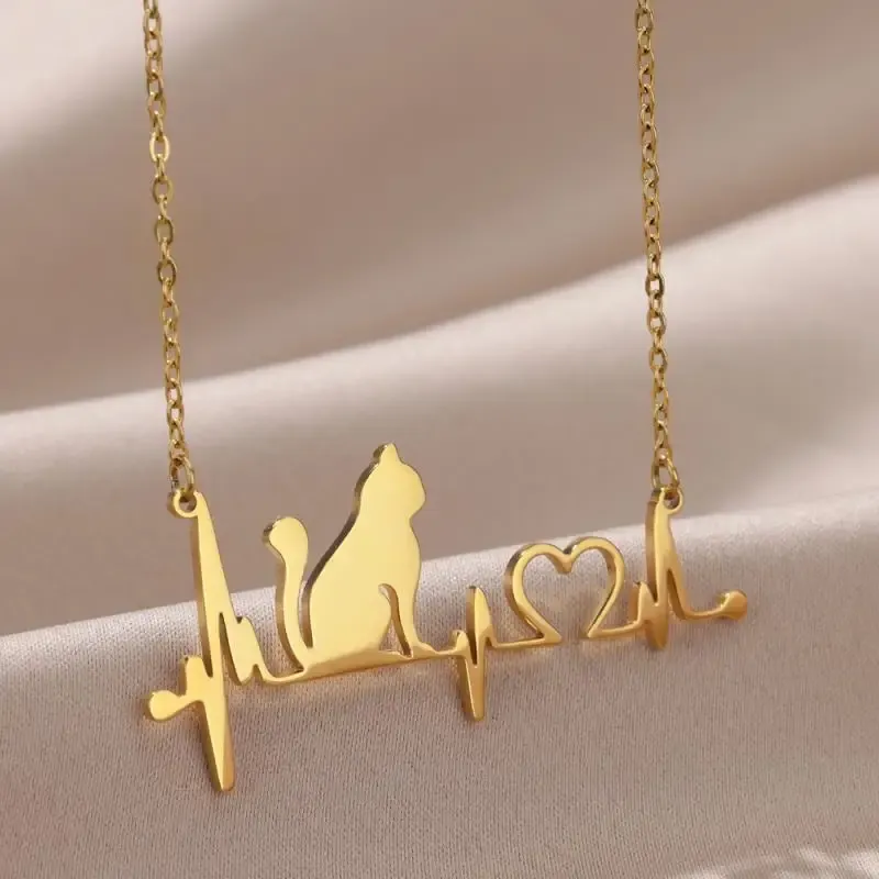 14K Yellow Gold Necklace For Women Cat Heartbeat Pendant Necklaces Vintage Waterproof Jewelry Cute Animal Accessories Free G 657