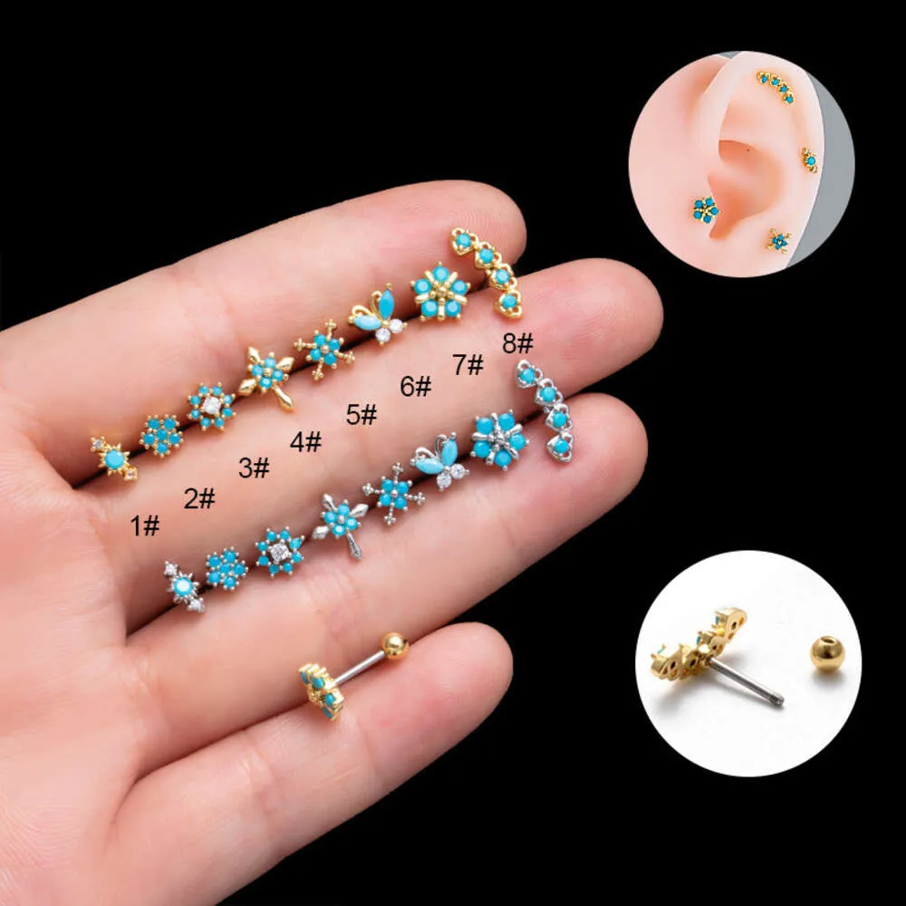 Helix Earring Screw Barbell Studs Butterfly Cross Flower Surgical Stainless Steel Ball Earrings Blue Artificial Stone Cartilage Single Stud Piercing Body Jewelry