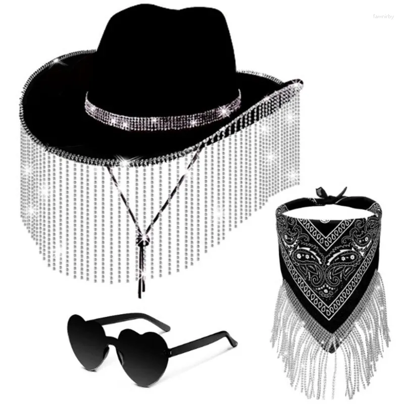 Berets Tassels Cowgirl Hat With Bandanas And Heart-shaped Glasses Set Costume Cosplay Party Wide Brim Dress Cap Drop