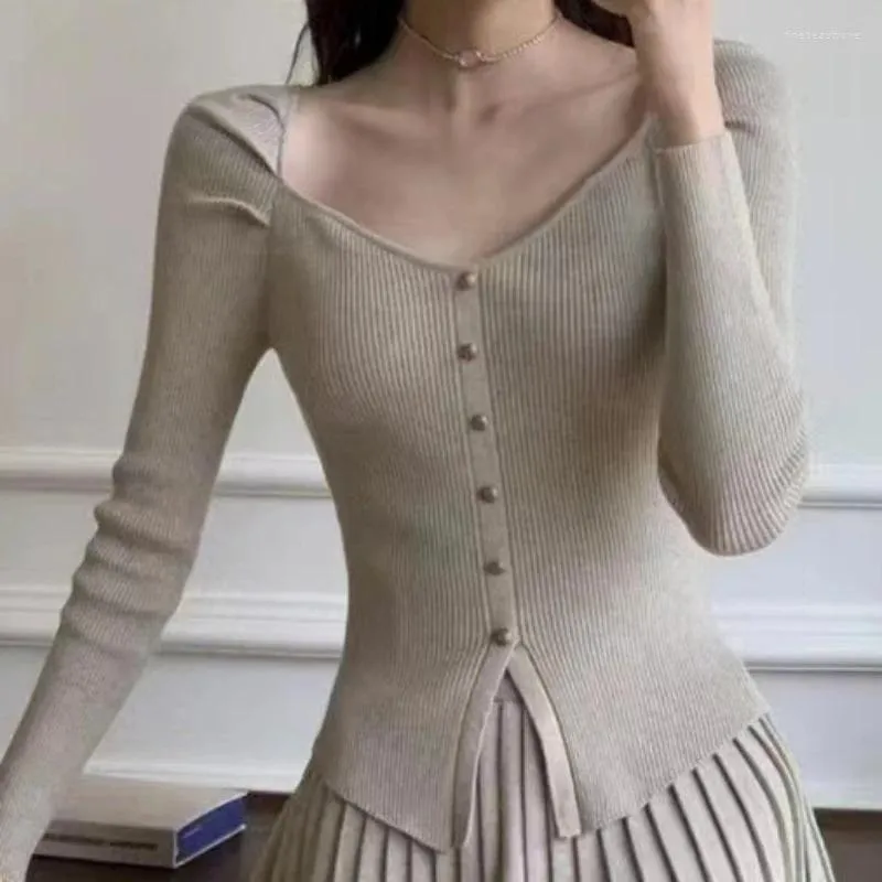 Kvinnors T -skjortor Sutimine Square Neck Long Sleeve Ribbed Knit Shirt Women Spring Casual Crop Top Streetwear Y2K Basic Tops Tees Korean