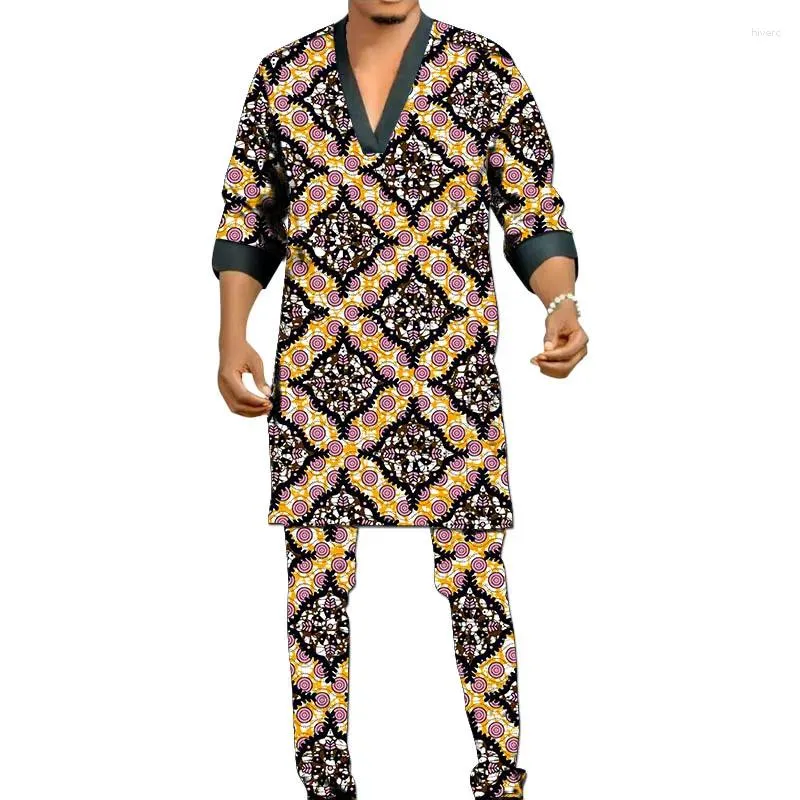 メンズトラックスーツブラックトリムパッチワークデザインVネックトップスズボンアフリカンプリント男性パンツスーツレトロスタイルナイジェリアの衣装