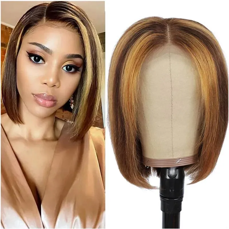 Pruiken Lijmloos Hoogtepunt Korte Bobpruik Braziliaans recht 4/27 Ombre Bruin Honingblond TPart 13*6*1 Lace Front Menselijk Haar Pruiken voor Bla