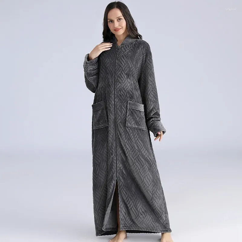 Kvinnors sömnkläder mjuka fleece cardigan super lång natttress håller varm i vintern nattklänning badrockficka förlängande fast hemkläder