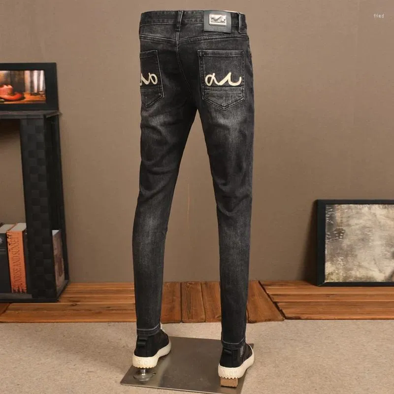 Heren jeans streetwear mode heren retro zwart grijs stretch slim fit vintage broek borduren designer denim broek hombre