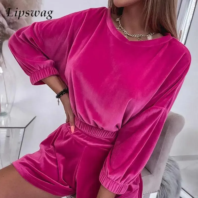 Dress Fashion Solid Color Elastic Waist Suit New Autumn Casual Velvet Long Sleeve Crop Tops Shorts Two Piece Set 2022 Women's Homewear