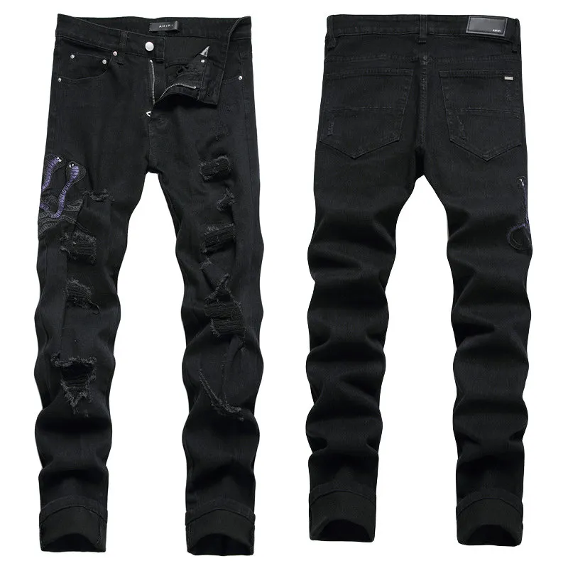 Jeans da uomo Lettera Star AM piccolo punto Uomo Ricamo Patchwork Strappato Sexy Romantico Pantalone da moto selvaggio Uomo AM3523-00 taglia 29-38