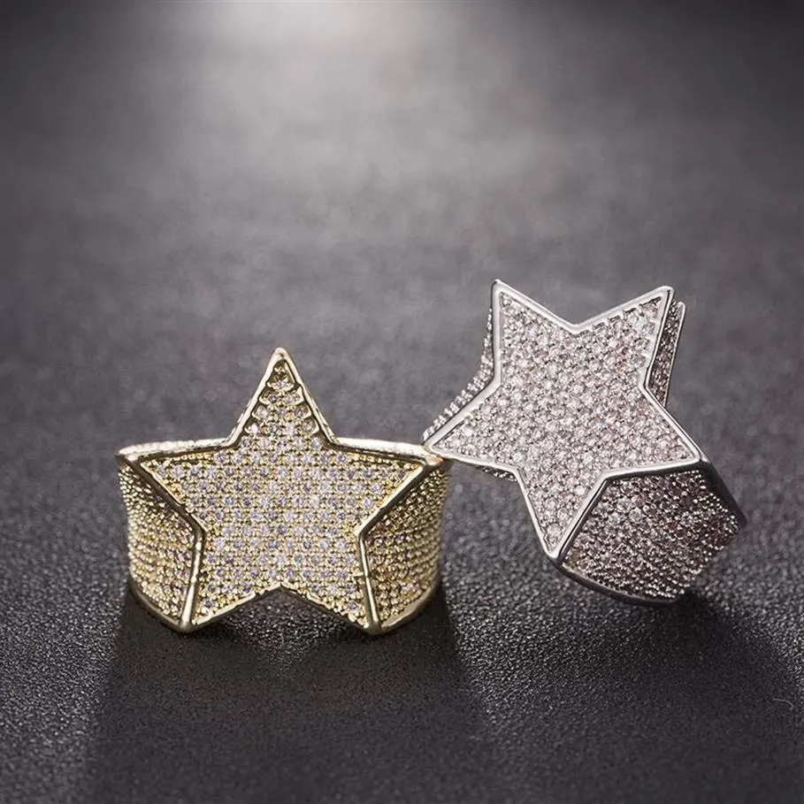 Men Star Ring 18 K Copper Charm Gold Silver Color Full Zircon Fashion Hip Hop Rock Jewelry311z