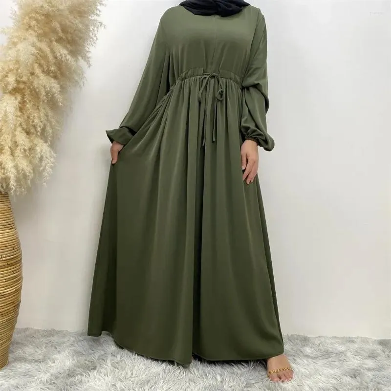 Ethnic Clothing Simple Abaya Zipper Belt Muslim Dress Turkey Ramadan Eid Islam Clothes Elastic Sleeve Abayas For Women Dubai Kaftan Hijab