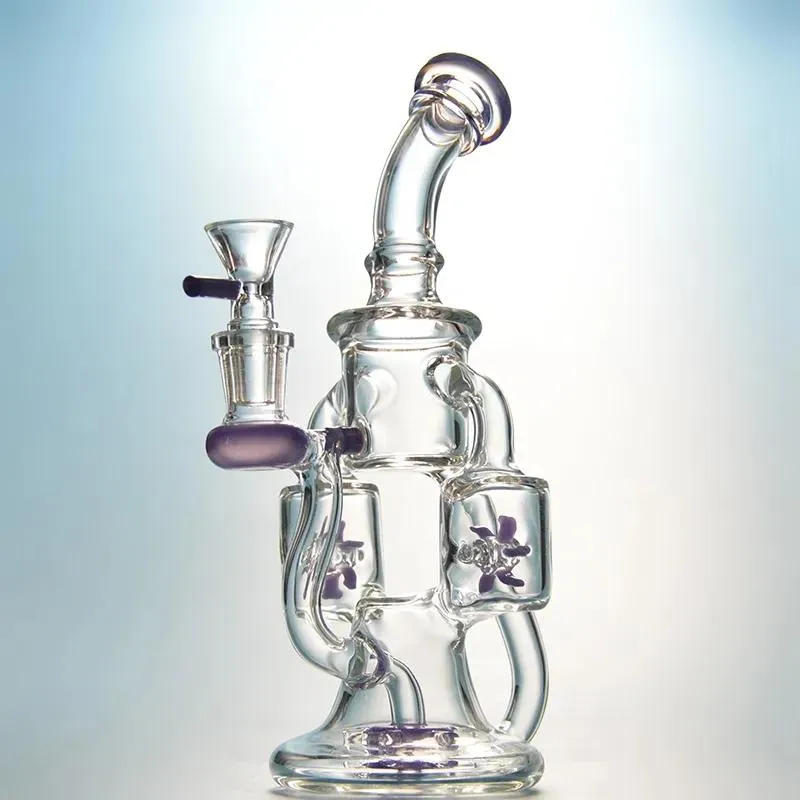 Hookahs Double Recycler Hookahs Glass Bongs Propeller Spin Percolater Water Pipes Purple Dab Rigs With 14mm Joint Green Oil Rigs XL167