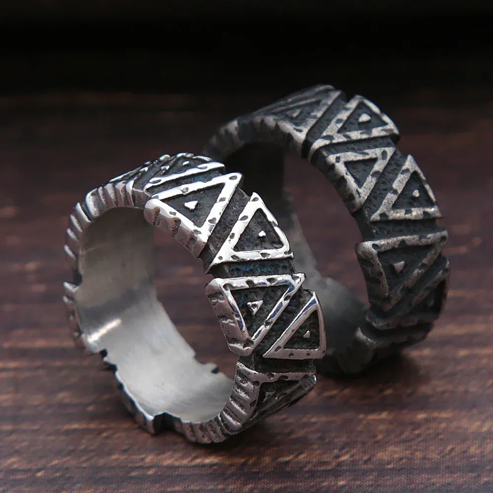 Anello triangolare vichingo vintage nero / acciaio per uomo donna Nordic 14K oro bianco Odin Valknut Anelli regalo gioielli amuleto