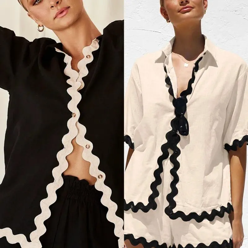 Blouses pour femmes Femmes Stripe Splice Shirt Costume Col rabattu Soild Manches courtes Point ouvert Mode Élégant Casual Loose Fit Simplicité