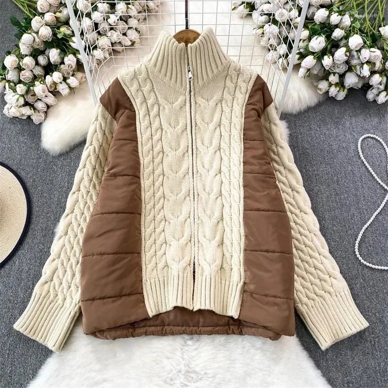 女性用トレンチコート秋の冬のファッションパッチワークスタンドカラーコットンパッドジャケット韓国ゆるい長袖太い暖かい女性の綿