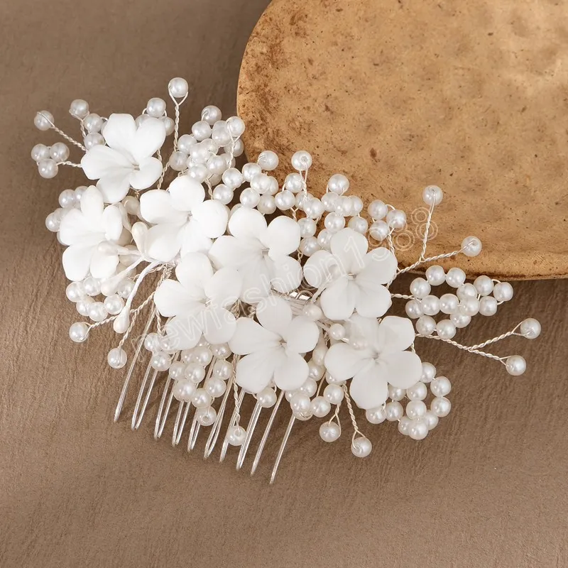 Bridal Pearl Hair Comb Ceramic Flower Tiaras Headdress New Silver Color Headpiece Luxury Bead Hairpin Wedding Hair Jewelry