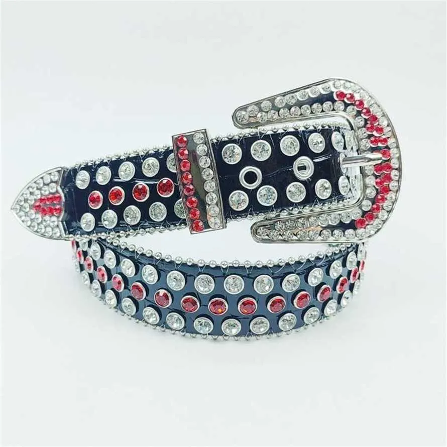 50% KORTING Designer lente nieuwe glanzende bal diamant inbedding dames heren lederen riem punk driedelige broekset