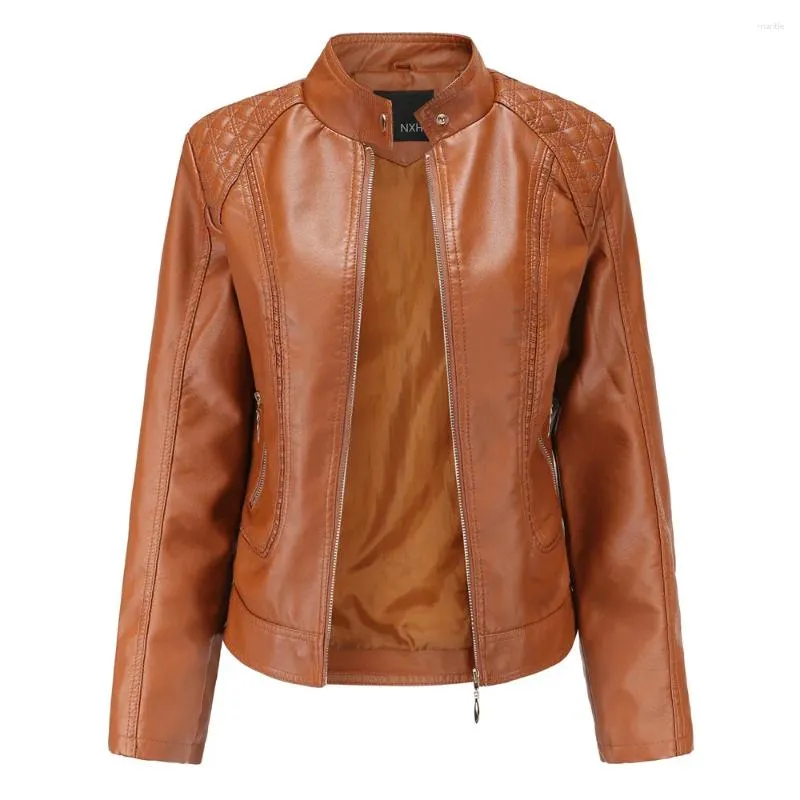 Jaqueta de couro falso feminina moto biker zíper primavera outono casaco de motocicleta para marrom cinza chaqueta jaqueta couro
