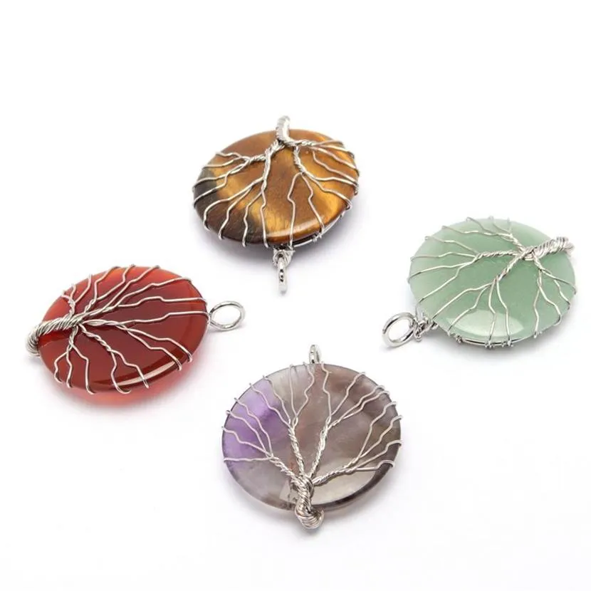 Natuurlijke Edelsteen Hand Geweven Levensboom Mannen Vrouwen Hanger Wire Wrapping Disc vorm Stone Charm Ketting Amethist Groen Aventurine253B