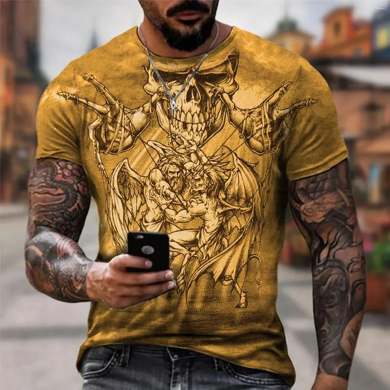 Magliette da uomo Moda Estate Teschio dorato T-shirt con stampa 3D O-Collo Camicia casual da uomo a maniche corte gotica