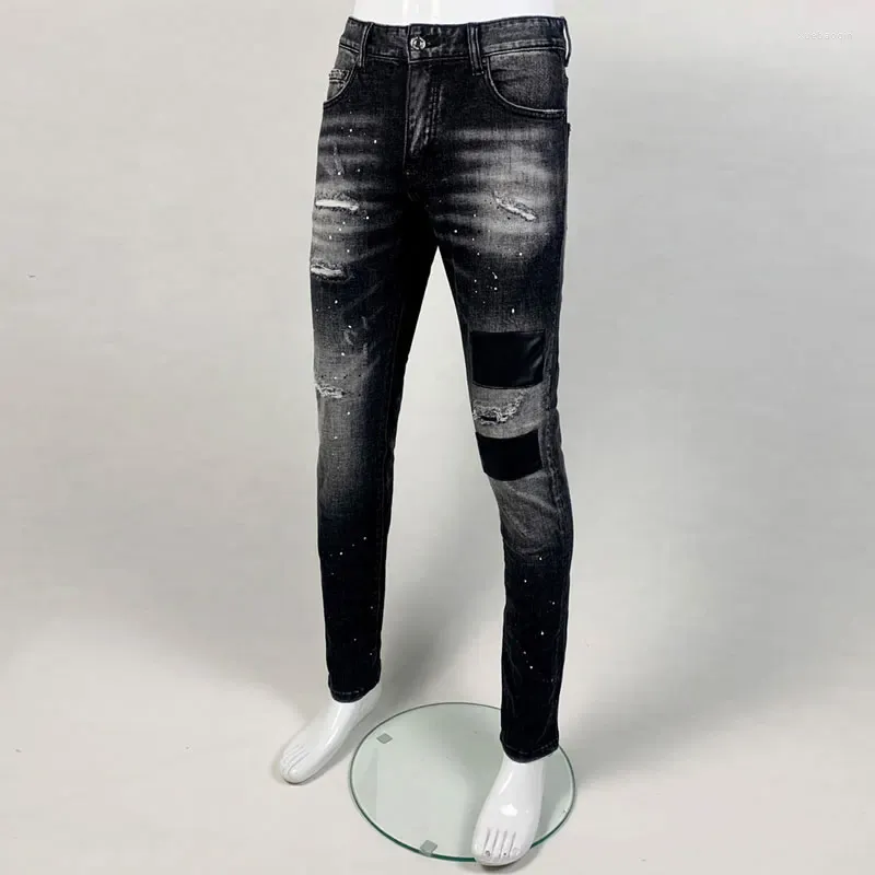 Men's Jeans Street Fashion Men Retro Black Gray Stretch Slim Fit Ripped Leather Patched Designer Hip Hop Brand Pants Hombre