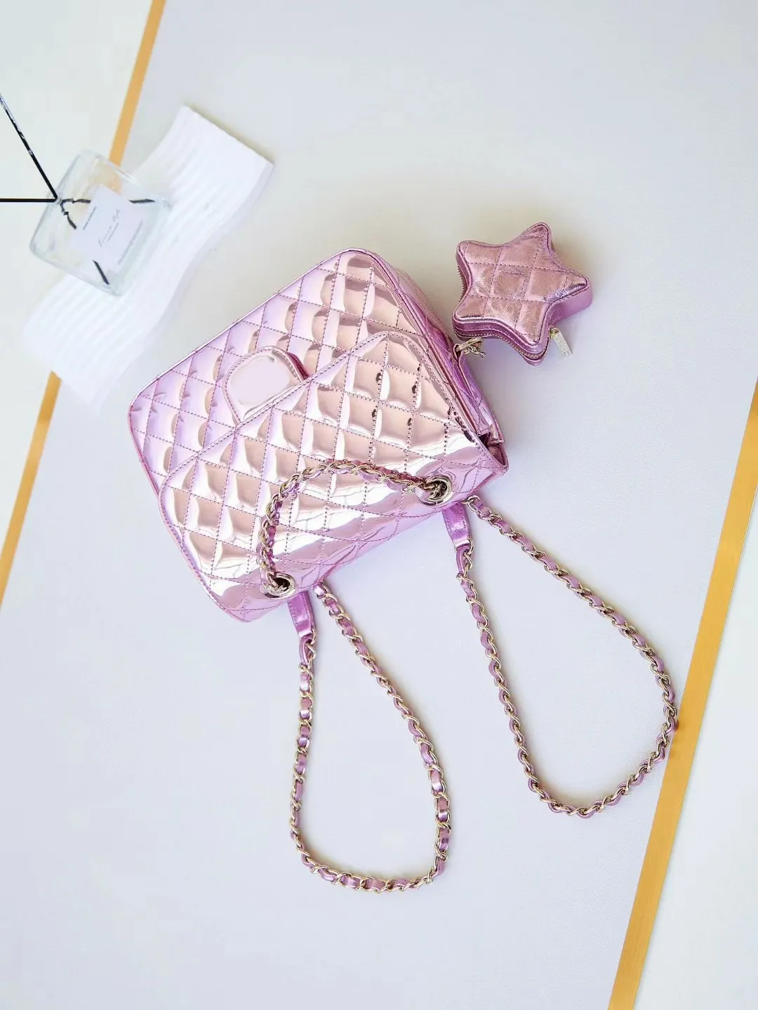 Mini Flap Bag & Star Coin Purse Top End Designer Mirror Calfskin Leather  Bags Rose Pink Pentagram Double Straps Shoulder Bag Gold-Tone Hardware