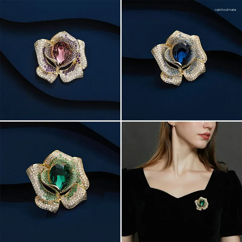 Brouches Suyu Copper Micro inlaid Zirconia Rose Mountain Camellia Brooch المجوهر