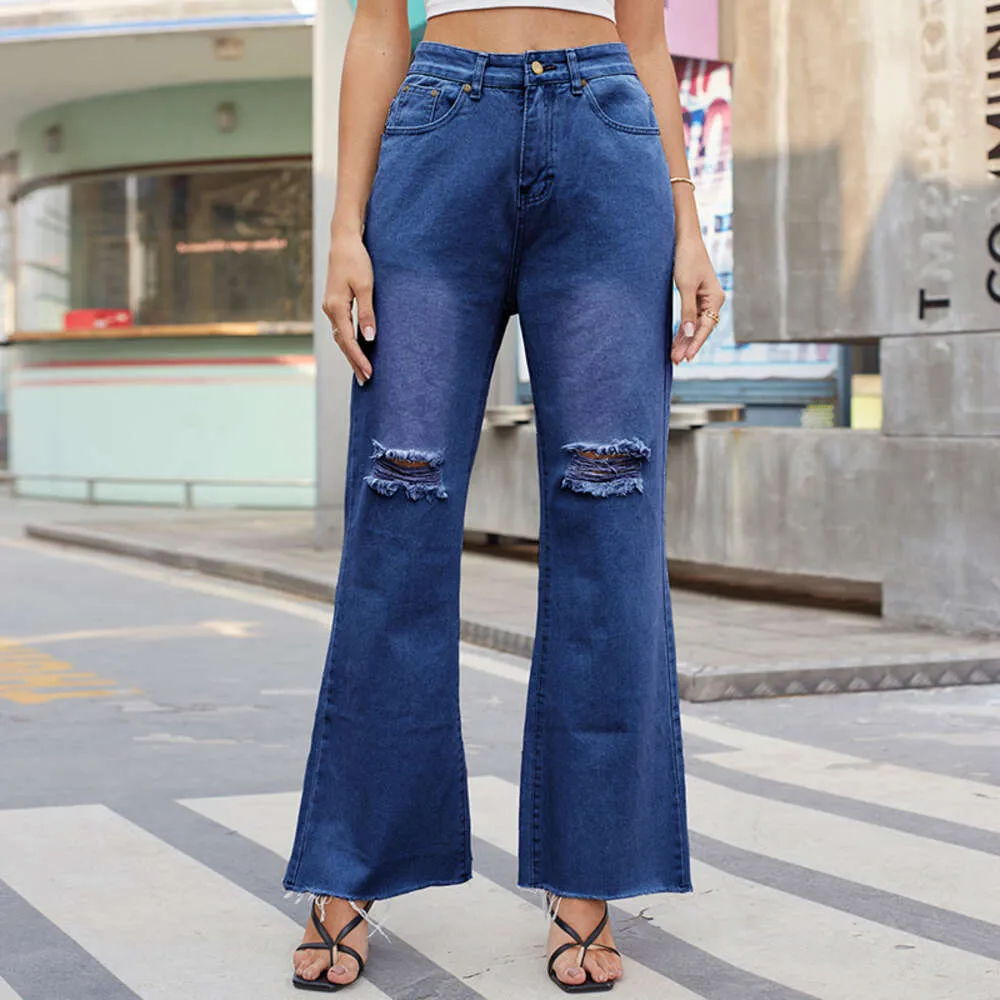 Yırtık kot pantolonun gevşek moda sokak tarzı geniş bacak alevli pantolon 2023 yeni gündelik artı bedenler denim pantolon