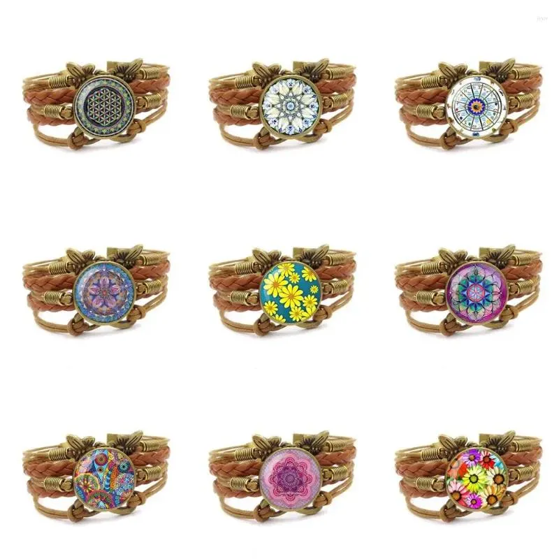 Bracelet classique pour enfant fleur de vie, bijoux Steam Punk avec Cabochon en verre, Bracelet multicouche en cuir marron