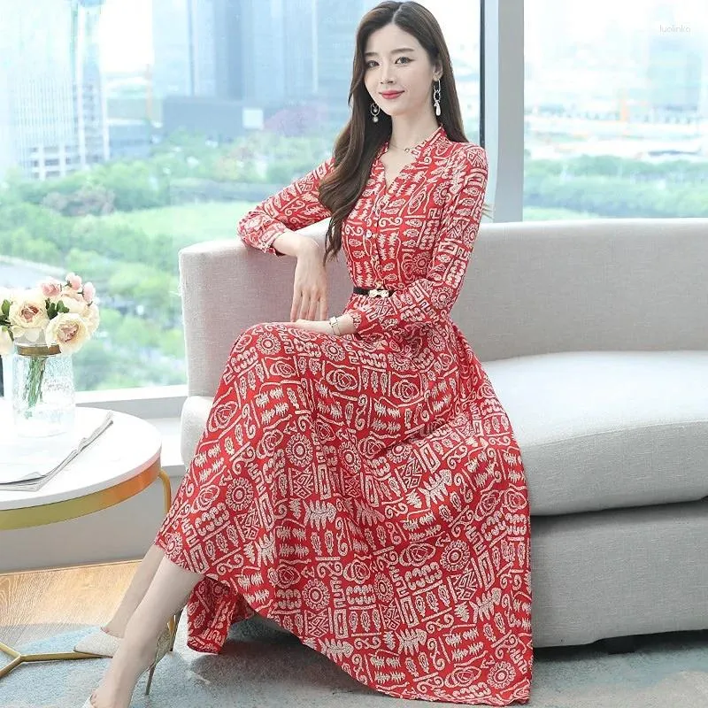 Casual Dresses Women Dress Autumn/Spring Women's Long Fashion Elegant For Sleeve Floral 3XL Vestidos LM816