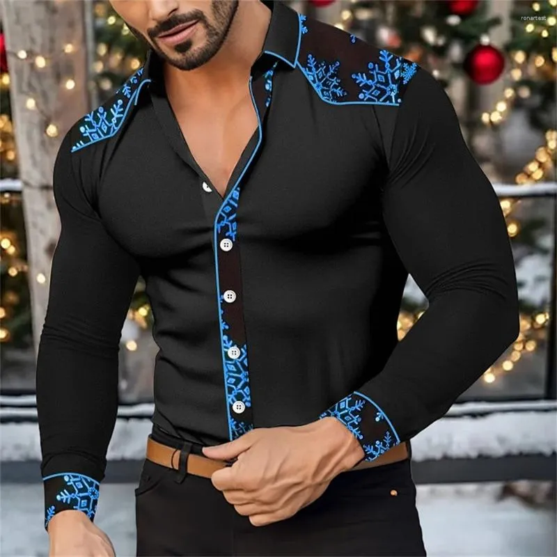 Camicie casual da uomo 2024 Camicia con bottoni T-shirt Manica lunga Fiocco di neve Risvolto Abbigliamento natalizio Alla moda Confortevole