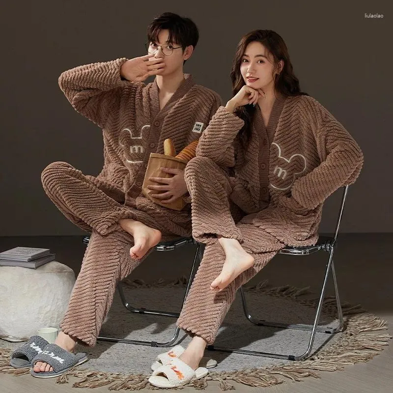 Men's Sleepwear Brown Kimono Flannel for Lovers Women and Men Matching Home Clothes Coral Fleece Cartoon Cute Pjs Pyjamas Couples