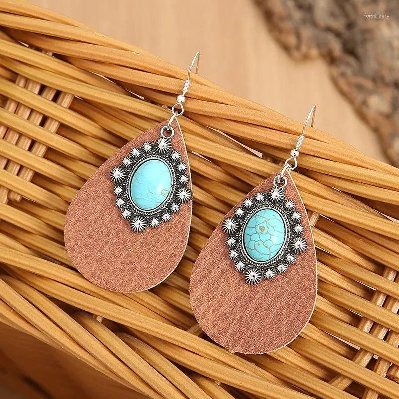 Dangle Earrings 2023 Wholesale Western Style Turquoise Leather Waterdrop Metal Retro Simple Brown Jewelry For Women