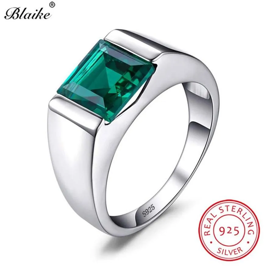 100% prawdziwe 925 Srebrne pierścienie dla mężczyzn Kobiety Square Green Emerald Blue Sapphire Birthstone Wedding Pierścień Fine Jewelry245s298w