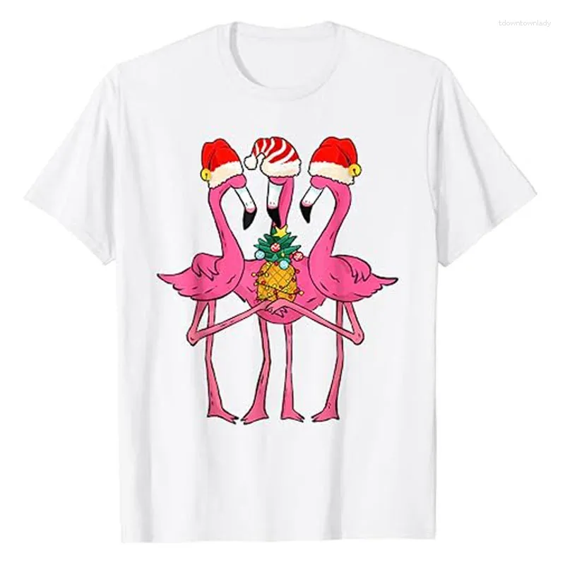 T-shirts pour femmes Flamants tropicaux mignons et ananas Noël en juillet T-shirt drôle arbre de Noël graphique Tee Tops Flamingo Lover Lovely