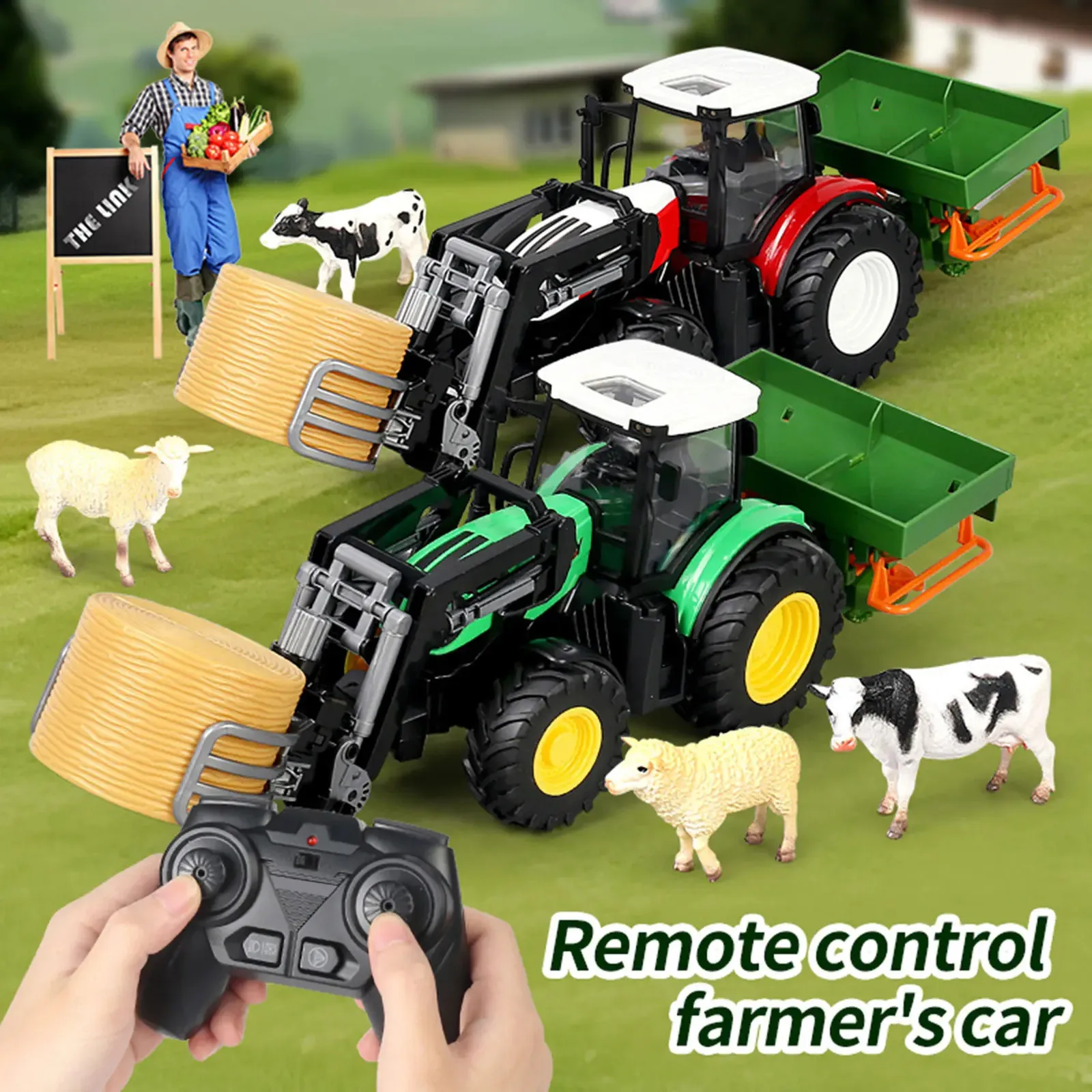 RC Farm Tractors Car Trailer With Gripper Gödningsmedel Spridare Big Bale Lighting Farmer Animal Model Toys Barn Boy 231229