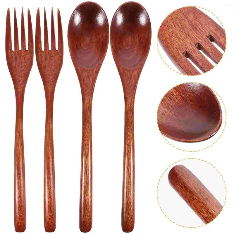 Geschirr-Sets 6 Stück Holzlöffel und Gabel Zweiteiliges Set mit langem Griff Solides tragbares Geschirr Erwachsene Besteck Party Dessert Ergonomisch