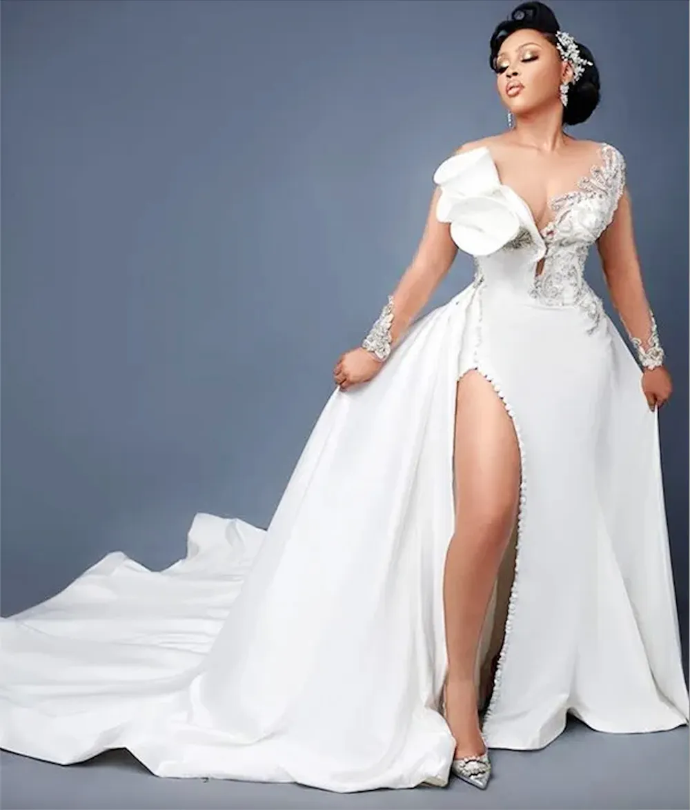 2024 Плюс Размер Арабский Aso Ebi Русалка Кружева Кристаллы Свадебные платья с прозрачным вырезом и высоким разрезом Свадебные платья со съемным шлейфом
