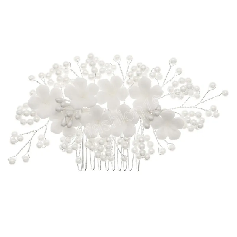 Bridal Pearl Hair Comb Ceramic Flower Tiaras Headdress New Silver Color Headpiece Luxury Bead Hairpin Wedding Hair Jewelry