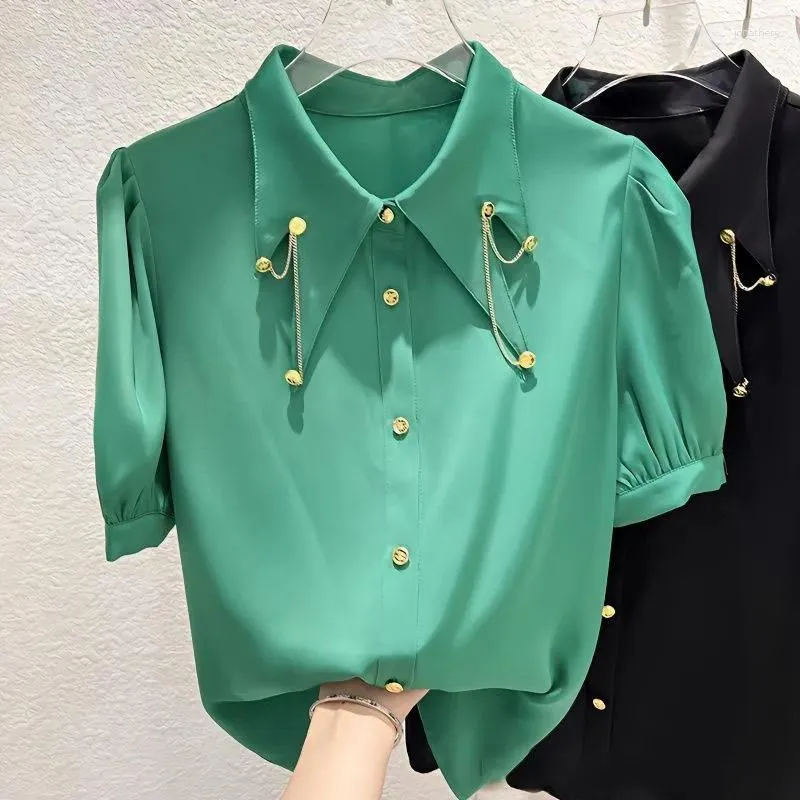 Blusas femininas moda coreana corrente emendada turn-down colarinho blusa verão commute all-match cor sólida botão camisa roupas