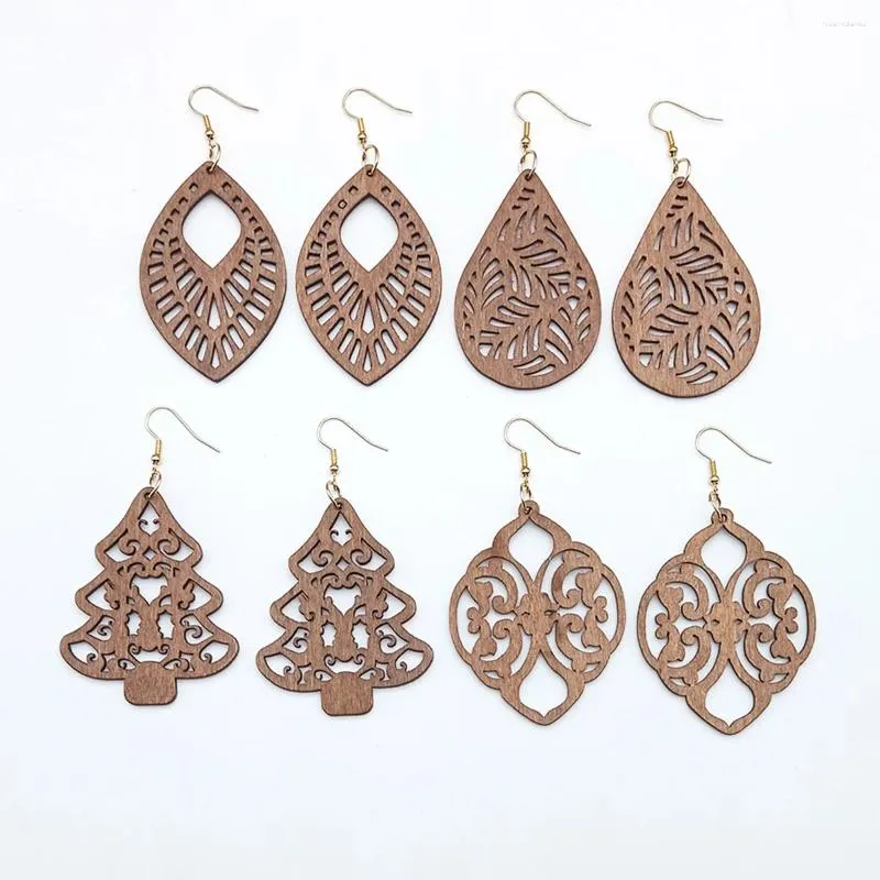 Dangle Earrings 4Pairs/1Set Women Wood Hollow Geometric Carved Patterns Drop Ladies Statement Casual Earwear Female Boutique Jewelry